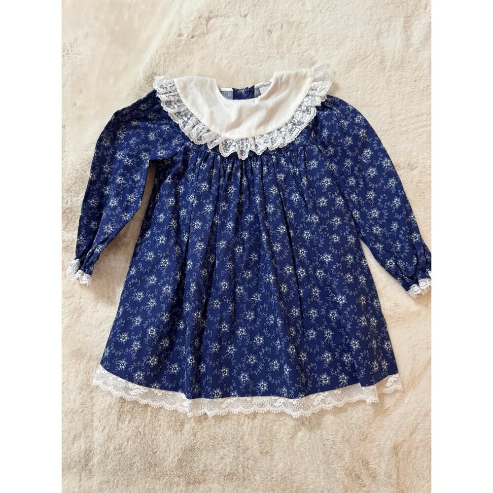 Vintage Bryan Navy Floral Lace Trim Long Sleeved Dress Size 4T